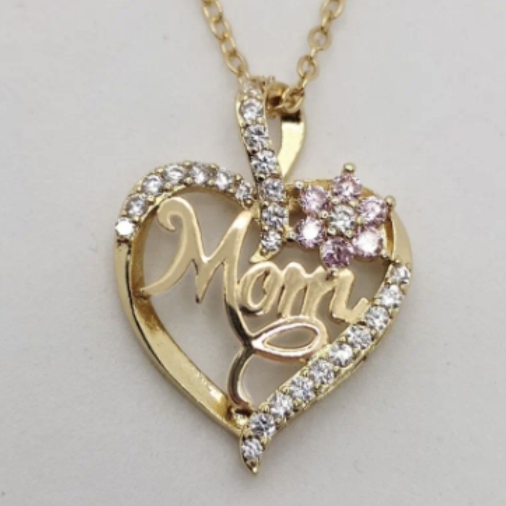 New Heart & Flower Necklace Inlaid MOM Letter Pattern Shiny Neck Chain, T5B3B